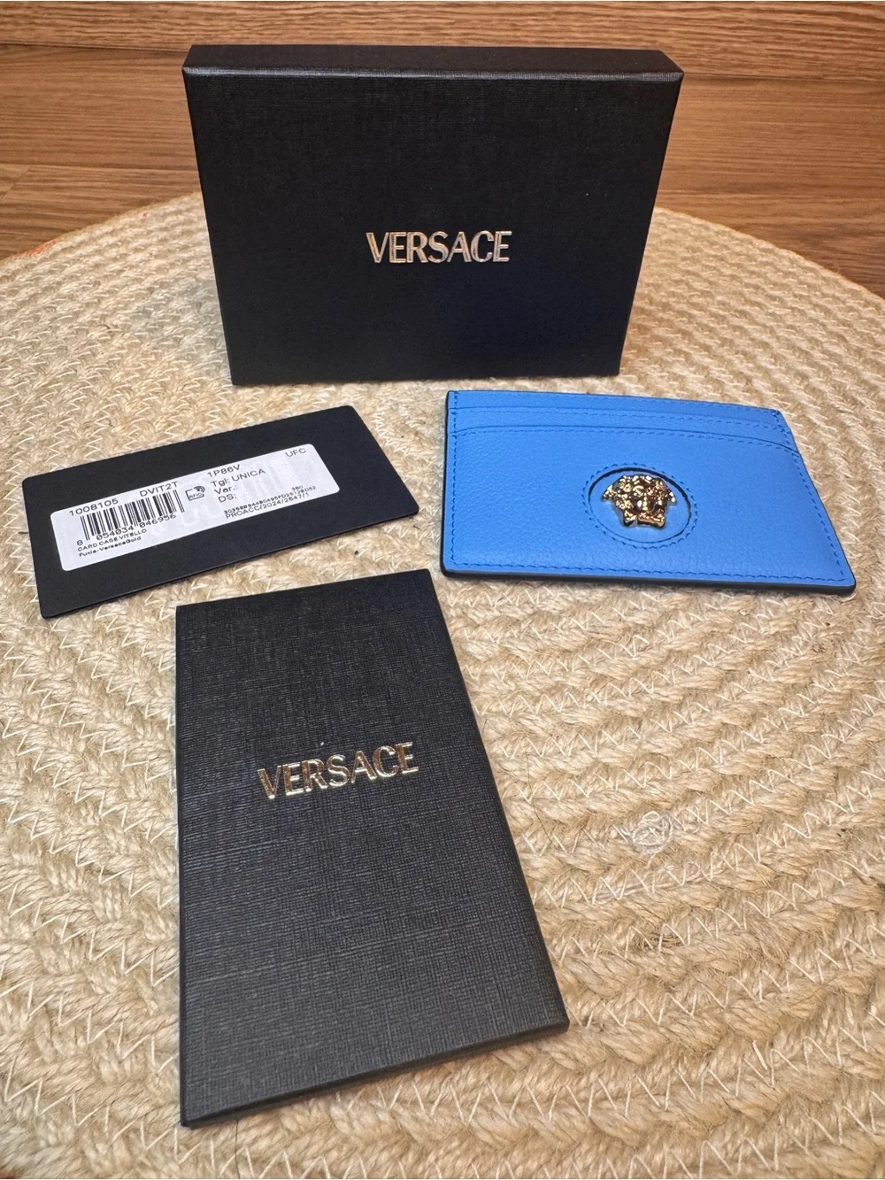 NEW Versace La Medusa Azure Blue Leather Card Holder Wallet With Box And Papers